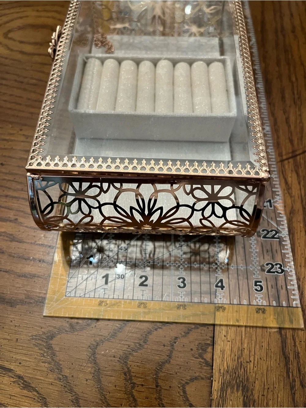 Rachel Ashwell Glass Jewelry Display Box with Rose Gold Trim and Gray Lining